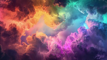 An avant-garde sky with neon clouds in a spectrum of colors, resembling an artist's palette. The...