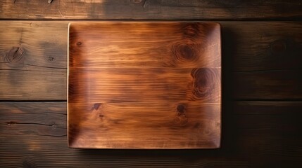 Square wooden empty tray. Copy space for business template and product presentation. Rustic style top view. AI Generated