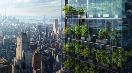 An eco-friendly office skyscraper with a glass facade reflecting the surrounding cityscape, incorporating living trees on each floor for air purification.  - obrazy, fototapety, plakaty