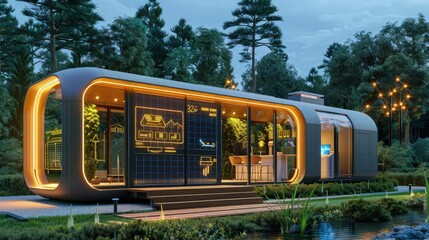 An eco-friendly smart home powered by Beta voltaic technology, with a display panel showing energy...