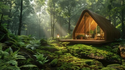 An eco-friendly wooden retreat in the heart of a verdant forest floor, surrounded by a tapestry of moss and ferns, illuminated by a dappled sunlight. 32k, full ultra HD, high resolution - obrazy, fototapety, plakaty