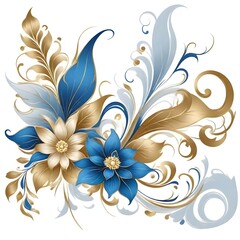 Golden flowers and silver black leaves on white background