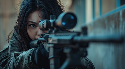 Pretty woman Sniper in ambush. Portrait of modern female soldier with rifle looking through scope. AI Generated - obrazy, fototapety, plakaty
