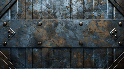 Wooden old background or texture ,a close up of a rusty blue wall with rivets on it ,rustic forged plate with rivets metal background