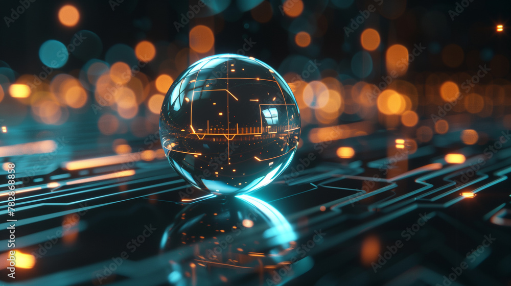 Poster futuristic cyber tech background digital data globe on black floor with glowing binary lines, modern