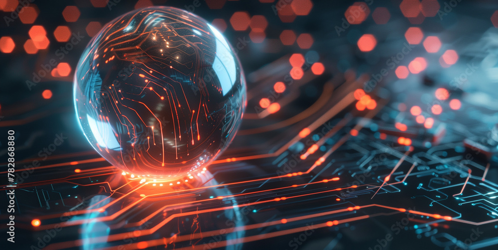 Poster futuristic cyber tech background digital data globe on black floor with glowing binary lines, modern