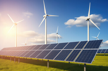 Solar panels and wind turbines generating electricity in power station. Green energy renewable with blue sky background.