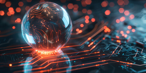 futuristic cyber tech background digital data globe on black floor with glowing binary lines, modern technology wallpaper 