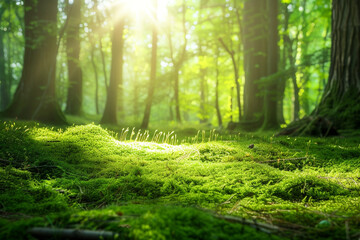 Fototapeta na wymiar Sunlight filtering through the canopy of a dense forest onto a moss-covered forest floor.