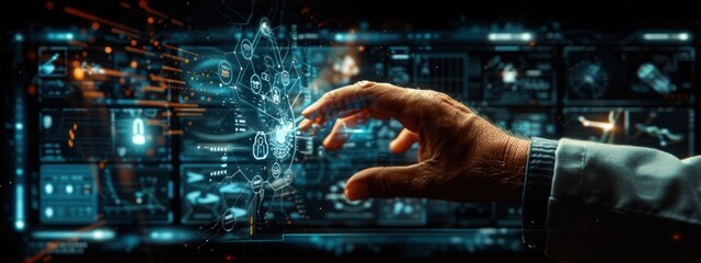 A hand is touching a screen with a blue background