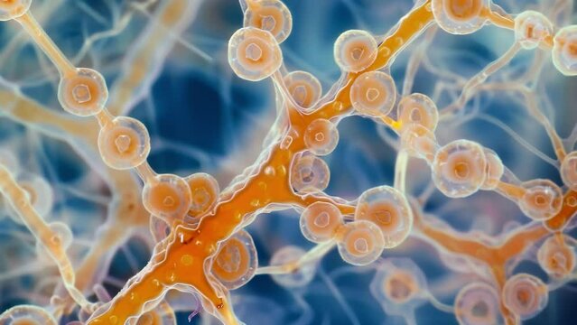 A magnified image of a single fungal hypha revealing its complex network of filaments and compartments that allow for efficient absorption . AI generation.