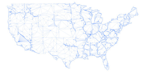 Glowing USA Network : 3D map of the USA with state borders formed by glowing dots and connections. Transparent background ideal for design use.