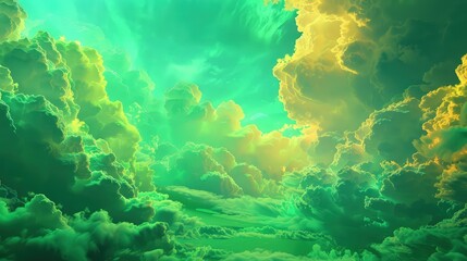 An ethereal landscape where neon green and yellow clouds float in a sky of surreal turquoise, casting a mystical glow over the scene. 