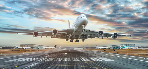 A large passenger plane lands on the runway. Tourism and travel concept. - obrazy, fototapety, plakaty