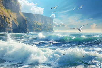 Waves crashing against rugged coastal cliffs as seagulls soar overhead. - obrazy, fototapety, plakaty