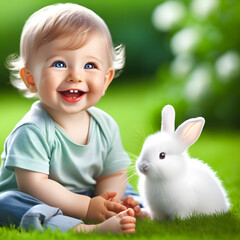 Smiling baby boy with big blue eyes sitts on the green grass next to a white rabbit
