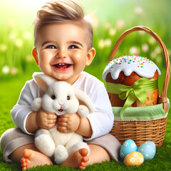 Smiling baby boy with big blue eyes sitts on the green grass next to a white rabbit and basket with easter cake
