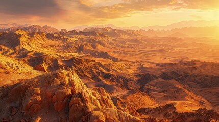 An expansive mockup of a desert mountain landscape at sunset, with warm, golden hues illuminating the rugged terrain, suitable for adventure travel and outdoor exploration brands. 