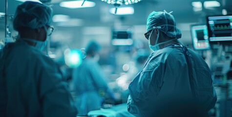 A group of surgeons are in a hospital operating room