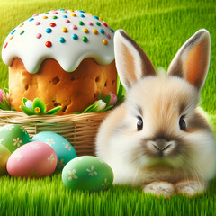 Eastern bunny on the green grass near easter basket with eggs and easter cake