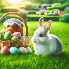 Eastern bunny on the green grass near easter basket with eggs and easter cake
