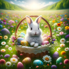 Eastern bunny on the green grass near easter basket with eggs and easter cake