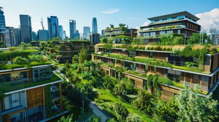 An innovative city block featuring a mix of residential and commercial eco-friendly buildings, all with green roofs, zero waste systems, and sustainable wood and recycled materials.