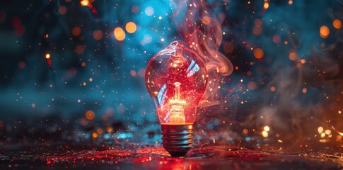 A red light bulb is lit up in a dark room with smoke and sparks - Powered by Adobe