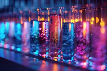 A row of colorful glass vials with bubbles in them