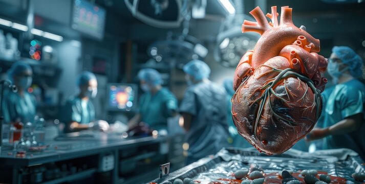 A heart is being operated on by a group of surgeons