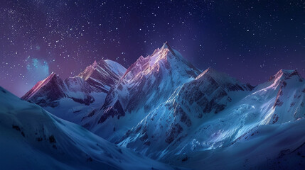 Winter mountain range with snow-covered peaks, under a clear and starry night sky, presenting a breathtaking and ethereal winter landscape