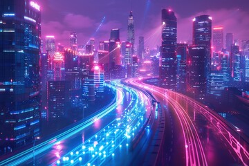 A cityscape with neon lights and a highway with cars driving down it