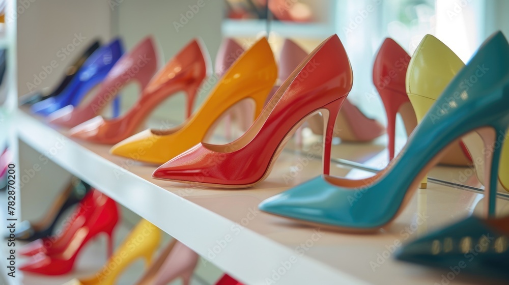 Poster Different colored shoes with high heels in a shopping mall.