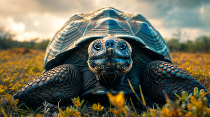 closeup front view of a giant tortoise on a field