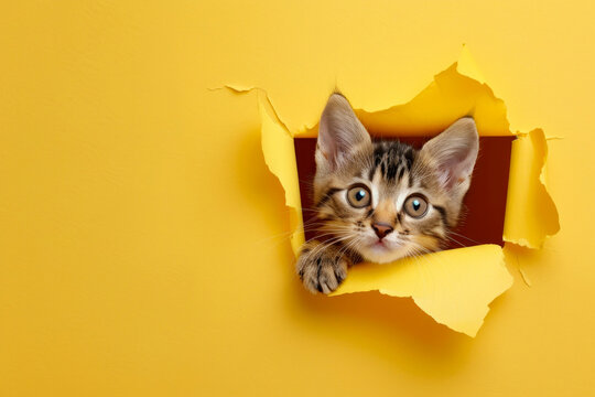Curious kitten peering through a hole in the torn yellow paper wall.