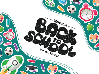 Welcome back to school text vector template. Back to school greeting in empty space for typography with alarm clock, rocket ship, pencil and ball educational elements. Vector illustration school learn