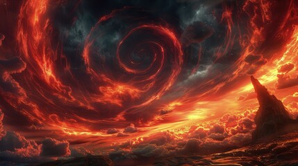 An otherworldly scene with neon red and orange clouds swirling in a storm-like pattern against a dark, moody sky. The scene evokes a sense of powerful energy. 