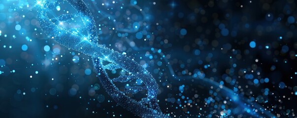 A blue and white image of a DNA strand with many small dots