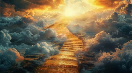 An otherworldly stairway of flowing, golden water, rising through a mystical, cloud-filled...