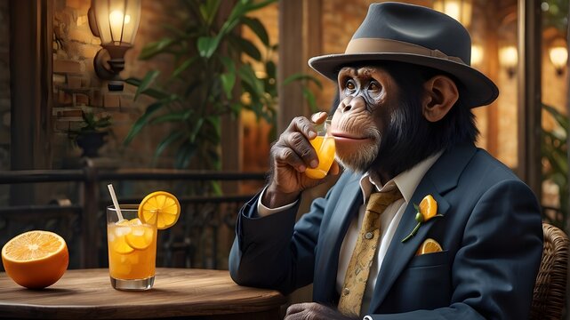 A sophisticated chimp enjoying a refreshing citrus drink while donning a dapper hat, rendered in a realistic style with intricate details and soft lighting.