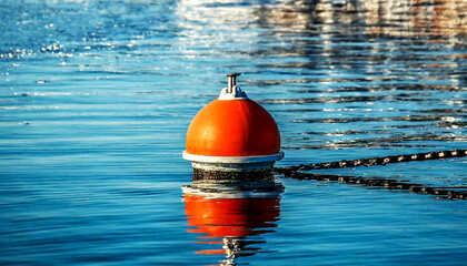 Closeup of a red and orange large buoy for mooring boats on the surface of the blue water with chains. Generative Ai. - obrazy, fototapety, plakaty