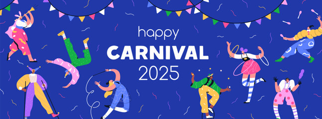 Carnival banner design. Happy festival background template, clowns, acrobats and jesters. Carnaval party, street festive show, circus event, holiday fun and entertainment. Flat vector illustration - obrazy, fototapety, plakaty