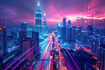 A cityscape with a purple sky and neon lights