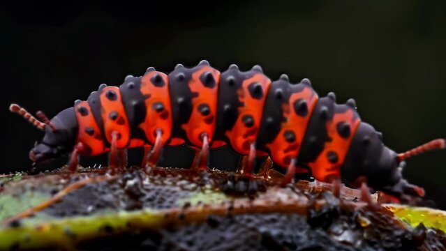 A microscopic image of a vibrant red and black ladybug larva with its distinct segmented body and six legs visible. These larvae are . AI generation.
