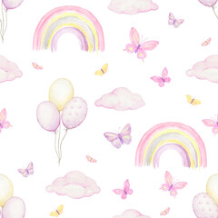 pink rainbow butterflies balloons clouds