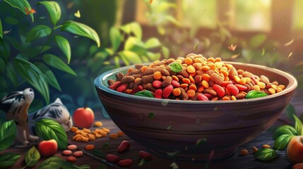Probiotic pet foods, detailed in a digital painting that focuses on the variety and nutritional aspects, with a warm, inviting tone