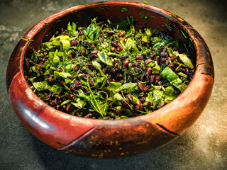 7 herb black rice bamboo bowl vegetarian vegan food, parsley, mint, basil, green onion, turmeric, dill, spinach