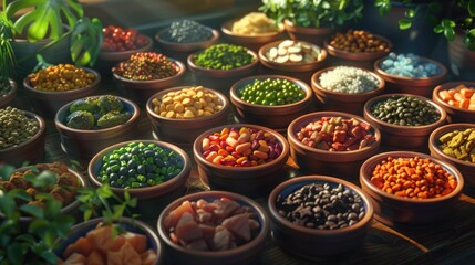 Probiotic pet foods, detailed in a digital painting that focuses on the variety and nutritional aspects, with a warm, inviting tone