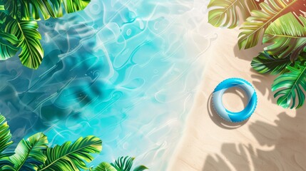 Tropical beach scene with a blue inflatable ring on sandy shore and lush greenery. - obrazy, fototapety, plakaty