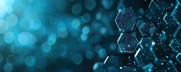 A blue background with a lot of hexagons and circles